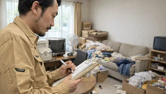 不用品が積まれた室内で、スタッフがバインダーを手に丁寧に査定を行っている様子